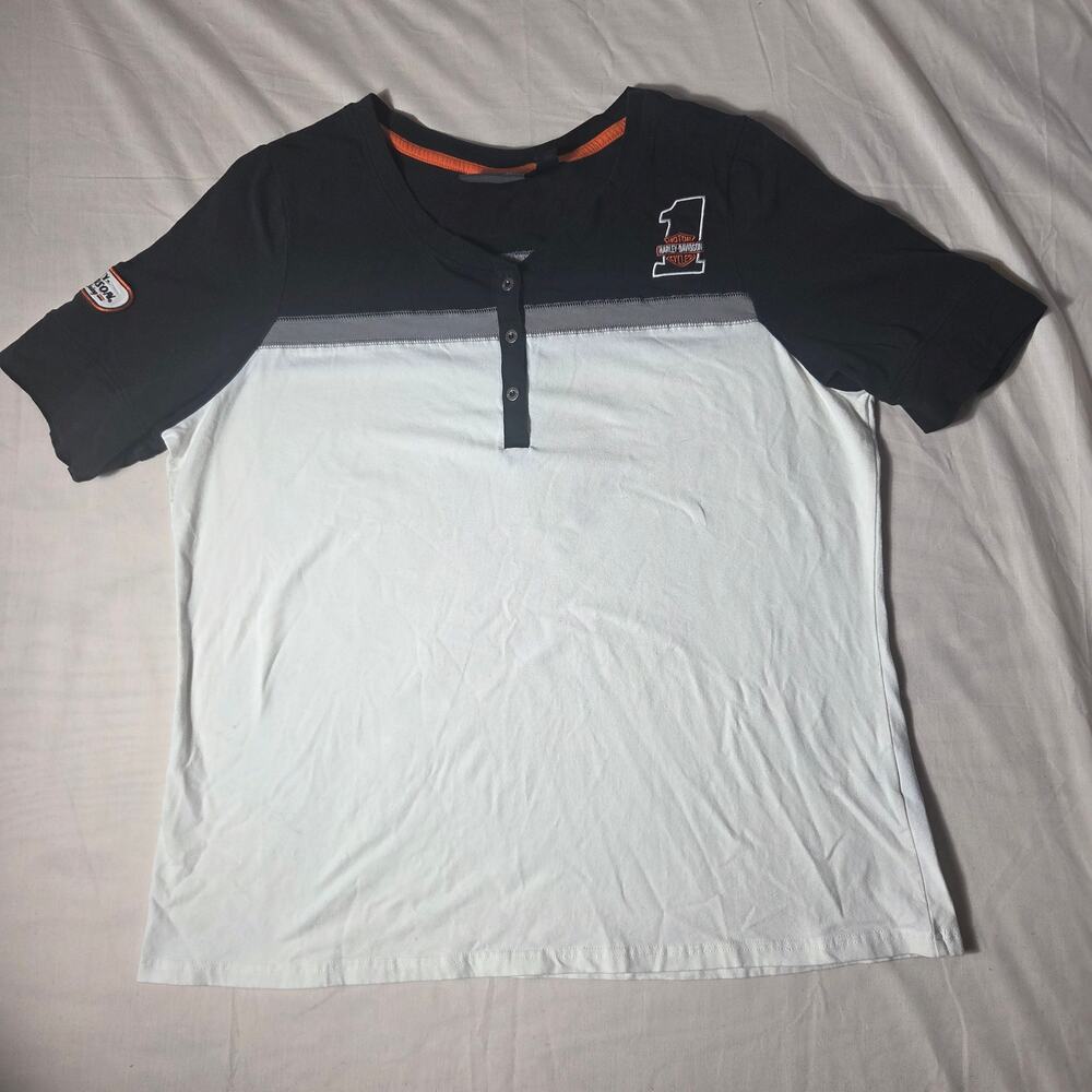 Harley Davidson Women's 2XL Colorblock Henley Shirt Racing Patch Fits Smaller